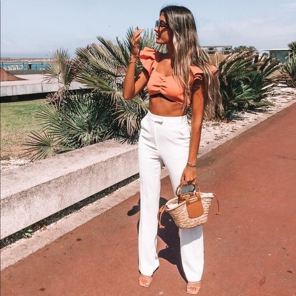 Zara Knit Ruffle Sleeve Pleated Crop Tops- 2 Pairs- Orange & Black (Size Large) - Picture 8 of 10